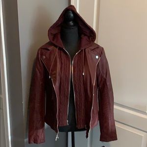 GUESS Faux Leather Jacket W/ Knit Hood